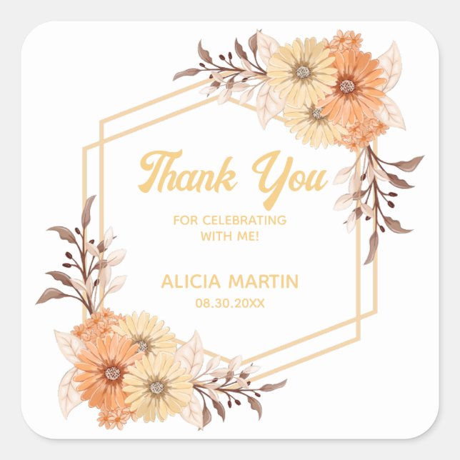 Fall Orange Flower Gold White Thank You Square Sticker (Front)