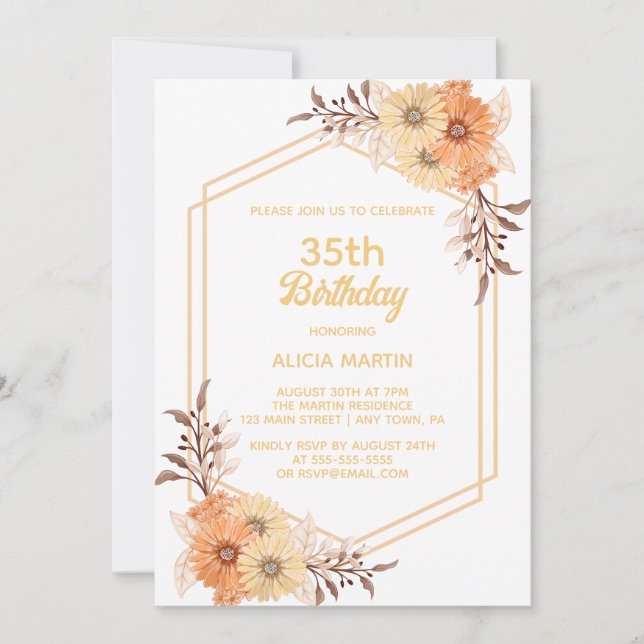 Fall Orange Flower Gold White Woman Adult Invitation (Front)