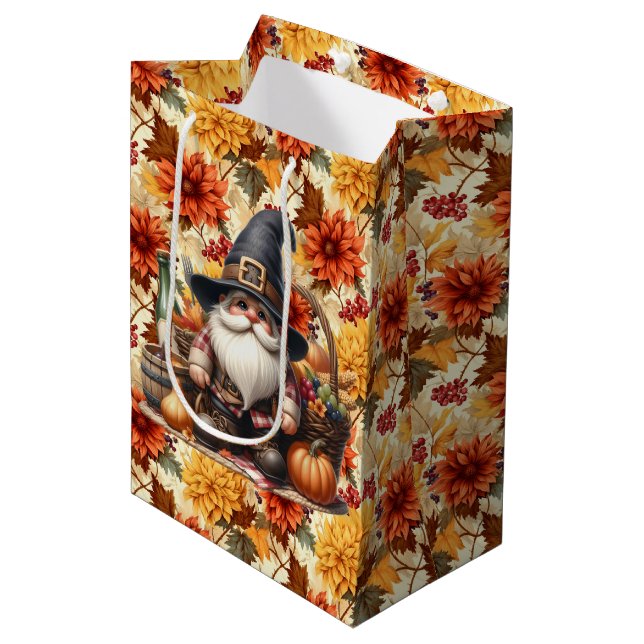 Fall Orange Flowers With Thanksgiving Gnome Medium Gift Bag (Front Angled)