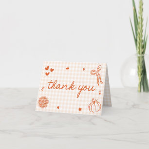 Fall Orange Gingham Hand Drawn Bow Thank You Card