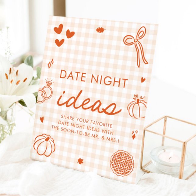 Fall Orange Gingham Hand Drawn Date Night Ideas Pedestal Sign (Fall Orange Gingham Hand Drawn Date Night Ideas Game Sign)