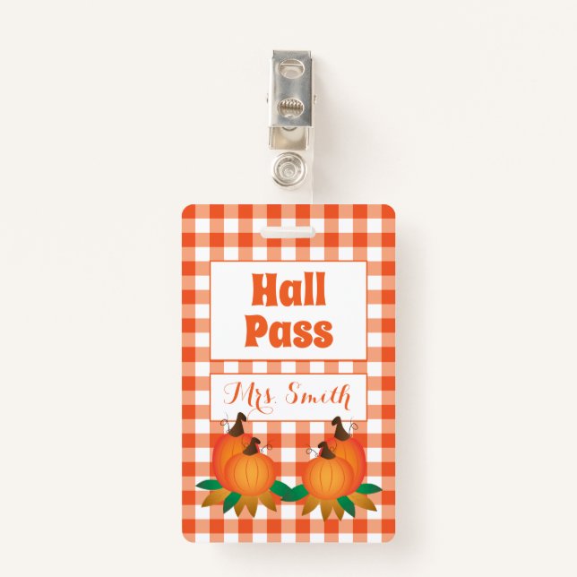 Fall orange Hall Pass with Name ID Badge (Front with Clip)