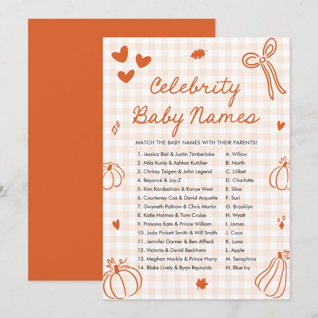 Fall Orange Pumpkin Celebrity Baby Name Game Invitation (Front/Back)