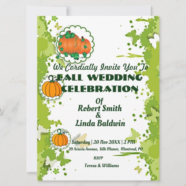 Fall Orange Pumpkin Green Wedding Invitation (Front)