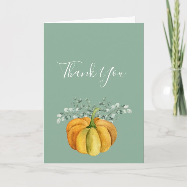Fall orange pumpkin greenery photo  thank you card (Front)