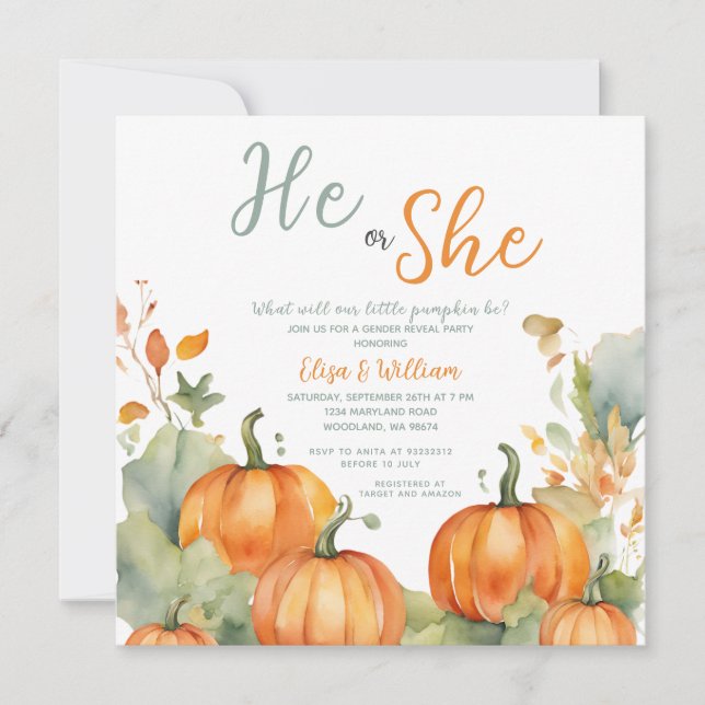 Fall Orange Pumpkin He or She Gender Reveal  Invitation (Front)