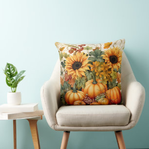 FALL ORANGE PUMPKINS AND SUNFLOWER FLOWERS CUSHION