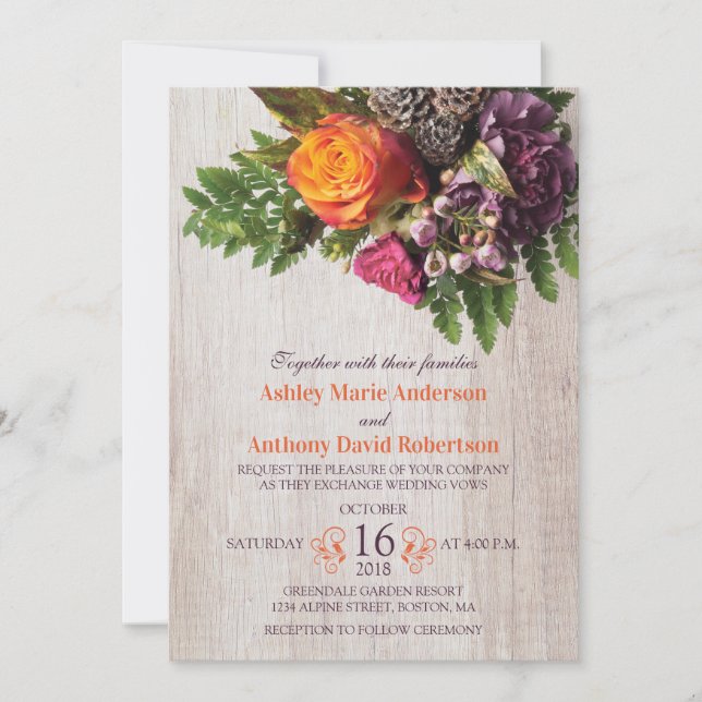 Fall Orange Purple Rose Carnation Bouquet Wedding Invitation (Front)