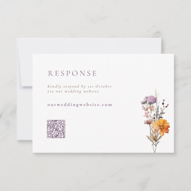 Fall Orange & Purple Wildflowers QR Code Wedding RSVP Card (Front)