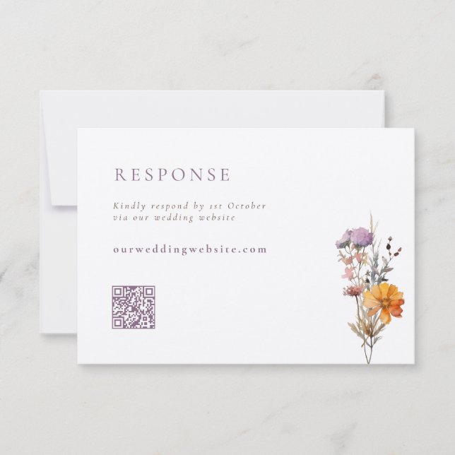 Fall Orange & Purple Wildflowers QR Code Wedding RSVP Card (Front)