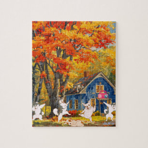 fall orange tree happy dogs cottage forest sunset jigsaw puzzle