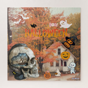 fall orange tree happy Halloween cottage sunset Jigsaw Puzzle