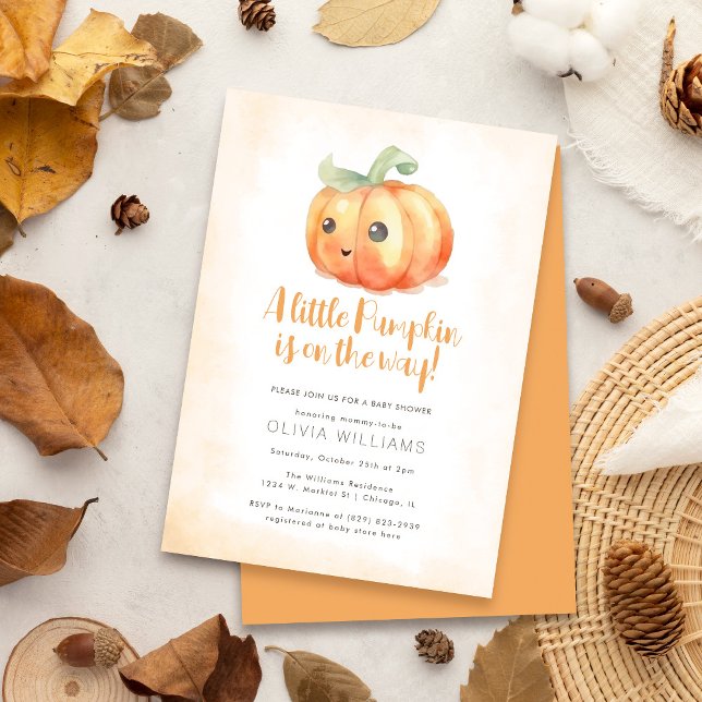 Fall Orange Watercolor Little Pumpkin Baby Shower Invitation (Creator Uploaded)