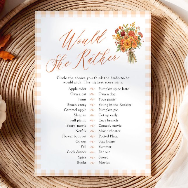 Fall Orange Would She Rather Bridal Shower Game Invitation (Fall Orange Would She Rather Bridal Shower Game)