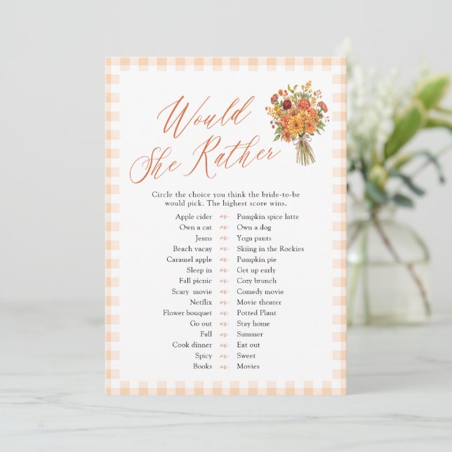 Fall Orange Would She Rather Bridal Shower Game Invitation (Standing Front)