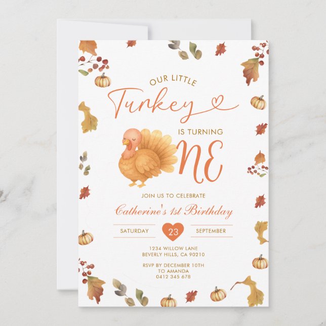 Fall Our Little Turkey is Turning One 1st Birthday Invitation (Front)