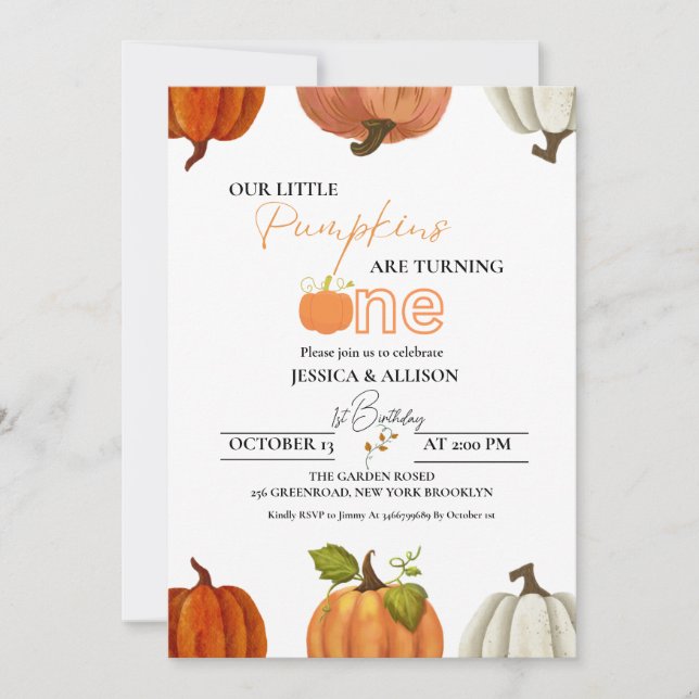 Fall our little Twin pumpkin turning one birthday Invitation (Front)