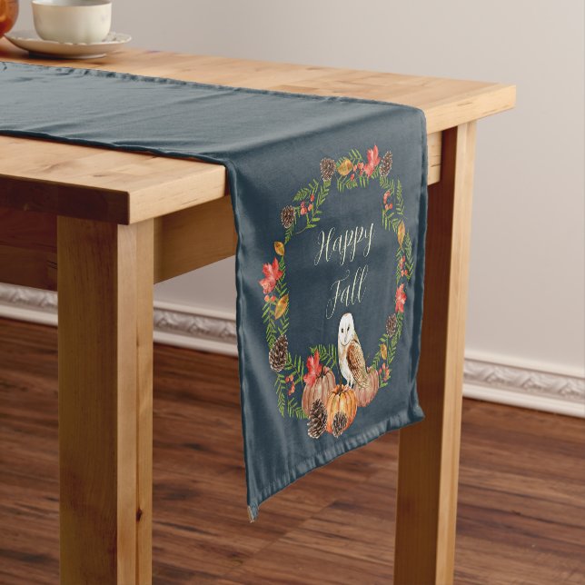 Fall owl and pumpkins with customisable text  short table runner (In Situ)