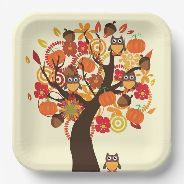 Fall Owls And Pumpkins Paper Plate (Front)