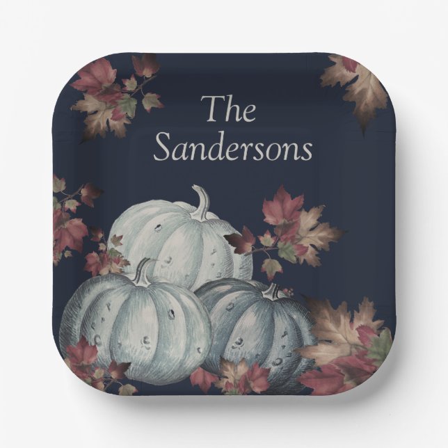 Fall Party Blue pumpkin, Happy Thanksgiving Paper Plate (Front)