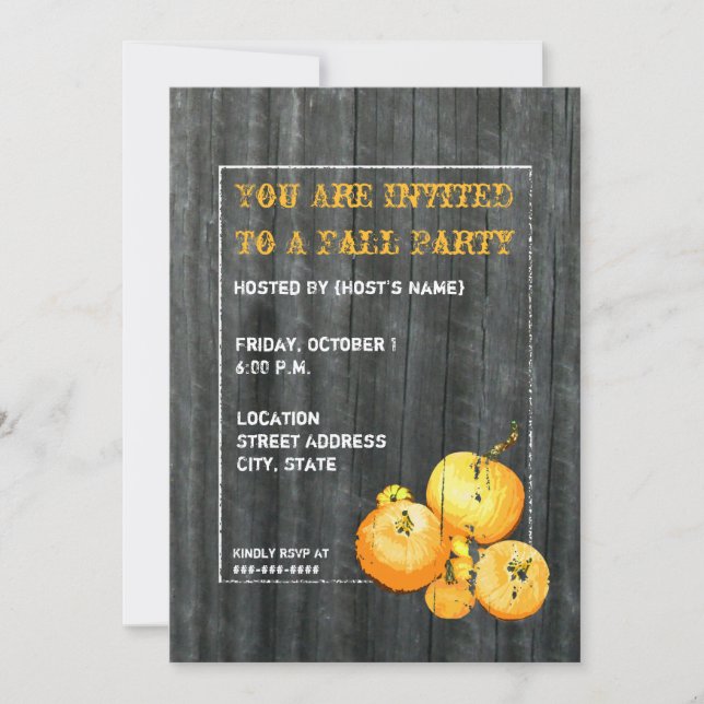 Fall Party Pumpkin & Barnwood Invitation (Front)