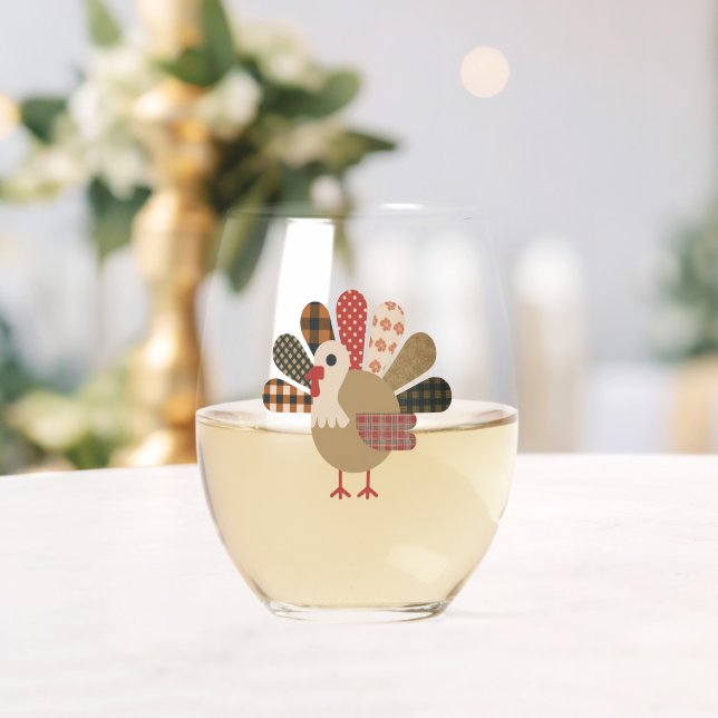 Fall Patchwork QuiltedTurkey Thanksgiving Stemless Wine Glass (Insitu (Wedding))