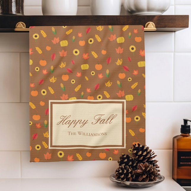 Fall Pattern Family Last Name Brown Tea Towel (Creator Uploaded)