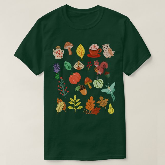 Fall Pattern, Pumpkin, Moth, Mushrooms Autumn  T-Shirt (Design Front)
