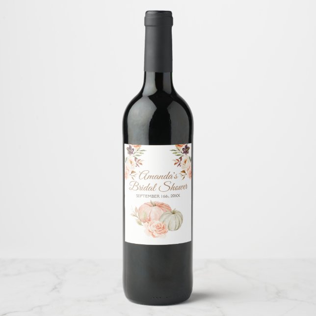 Fall Peach and Green Pumpkin Rustic Floral Wine Label (Front)
