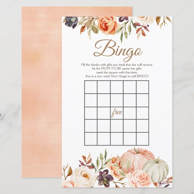Fall Peach Pumpkin Rustic Floral Bingo Games (Front/Back)