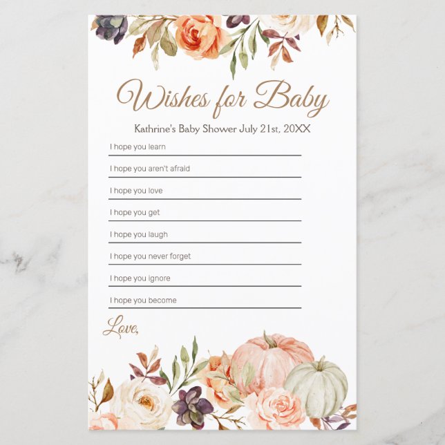 Fall Peach Pumpkin Rustic Floral Wishes for Baby (Front)