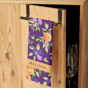 Fall Peaches Plums Purple Green Orange Cute Fruit Tea Towel