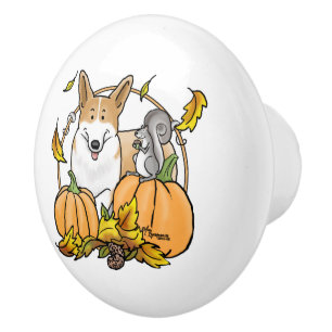 Fall Pembroke Welsh Corgi (red 1) Pumpkins Cute Ceramic Knob
