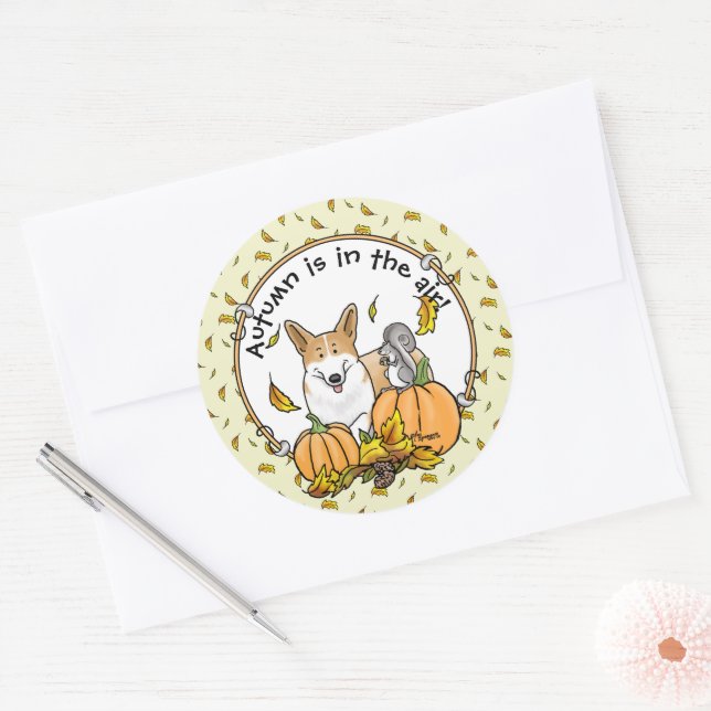 Fall Pembroke Welsh Corgi (red 1) Pumpkins Cute Classic Round Sticker (Envelope)