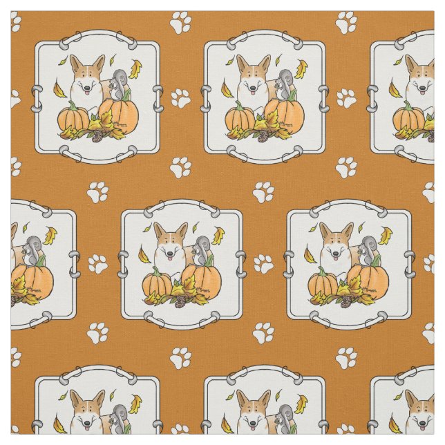 Fall Pembroke Welsh Corgi (red 1) Pumpkins Cute Fabric (Swatch)