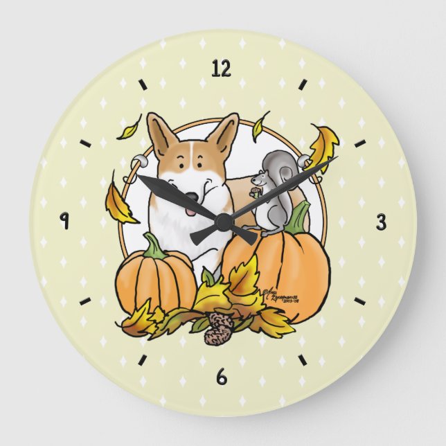 Fall Pembroke Welsh Corgi (red 1) Pumpkins Cute Large Clock (Front)