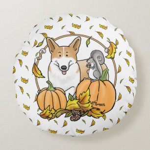 Fall Pembroke Welsh Corgi (red 1) Pumpkins Cute Round Cushion