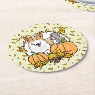 Fall Pembroke Welsh Corgi (red 1) Pumpkins Cute Round Paper Coaster