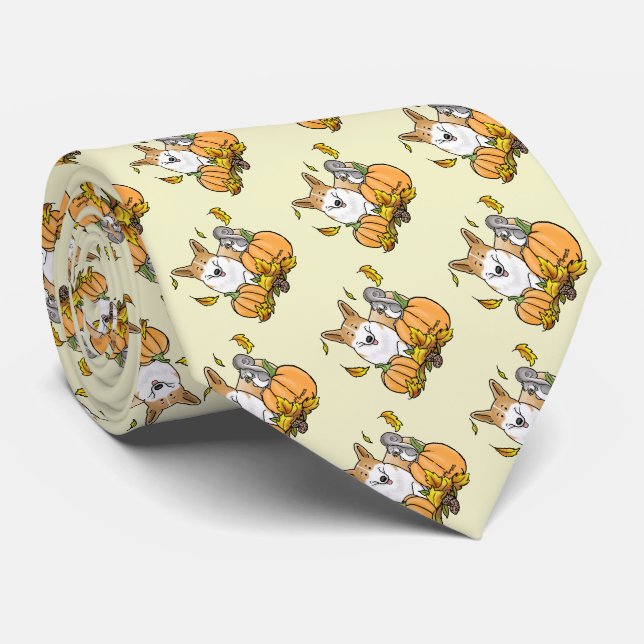 Fall Pembroke Welsh Corgi (red 1) Pumpkins Cute Tie (Rolled)