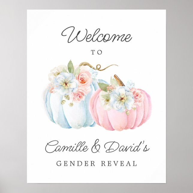 Fall Pink and Blue Pumpkin Gender Reveal Welcome Poster (Front)