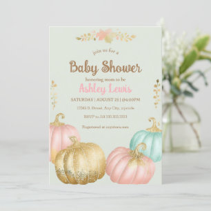 Fall pink and gold pumpkin baby shower invite