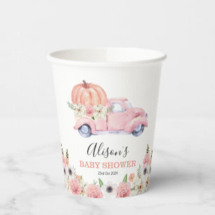 Fall Pink Floral Pumpkin Truck Baby Shower Paper Cups