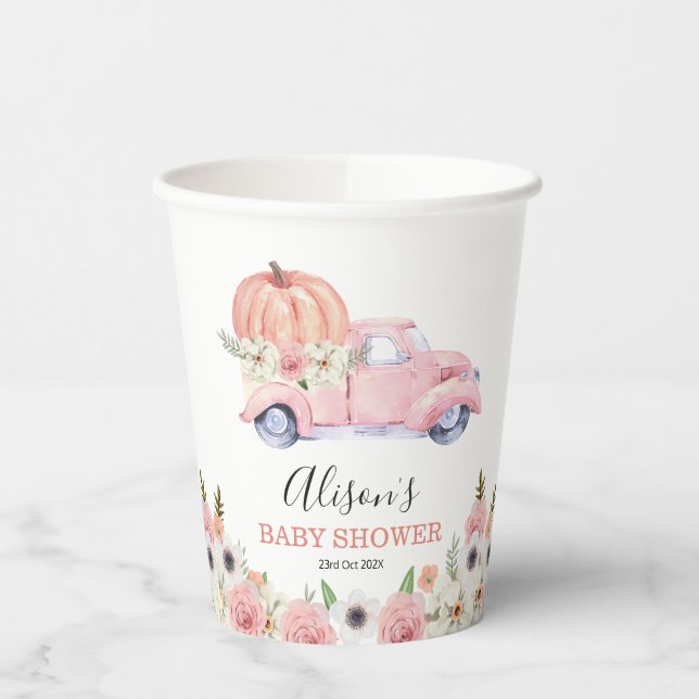 Fall Pink Floral Pumpkin Truck Baby Shower  Paper Cups (Left)