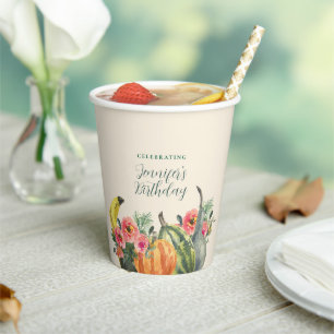 Fall Pink Floral Pumpkins Autumn Birthday Party Paper Cups