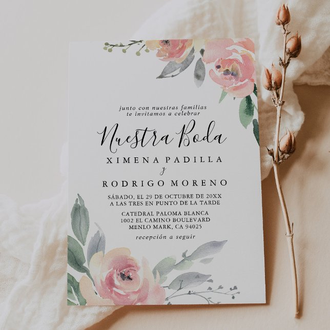 Fall Pink Peony Flowers Calligraphy Nuestra Boda  Invitation (Creator Uploaded)