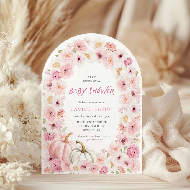 Fall Pink Pumpkin and Floral Arched Invitation (Fall Pink Pumpkin and Flowers Baby Shower Invitation)