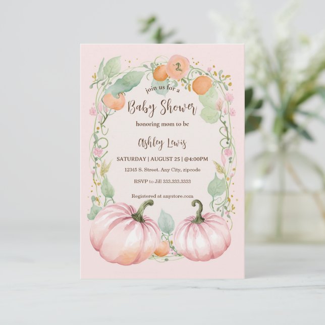 Fall Pink Pumpkin Baby shower invitation (Standing Front)