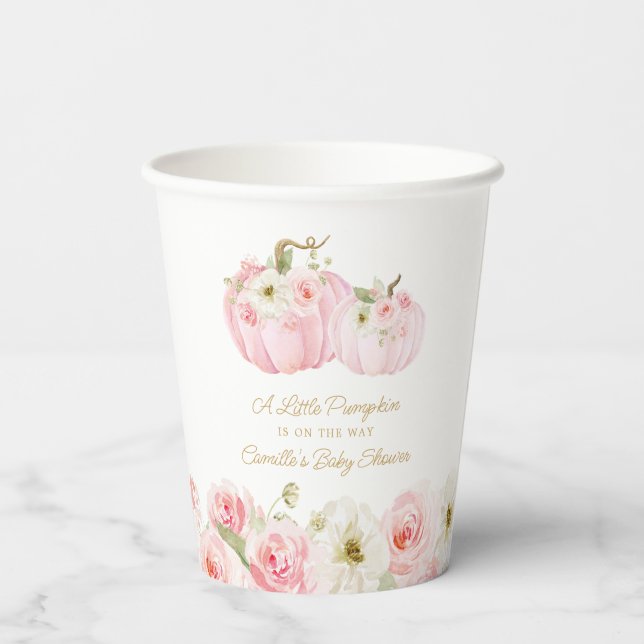 Fall Pink Pumpkin Baby Shower Party Paper Cups (Back)