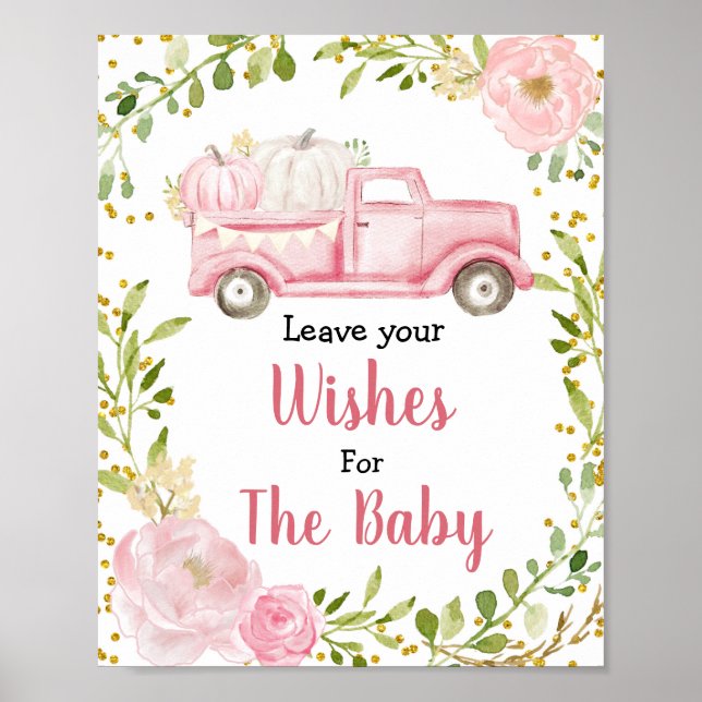 Fall Pink Pumpkin Baby Shower Wishes for Baby Sign (Front)