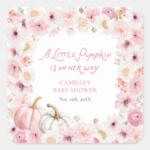 Fall Pink Pumpkin Favour Baby Shower Square Sticker
